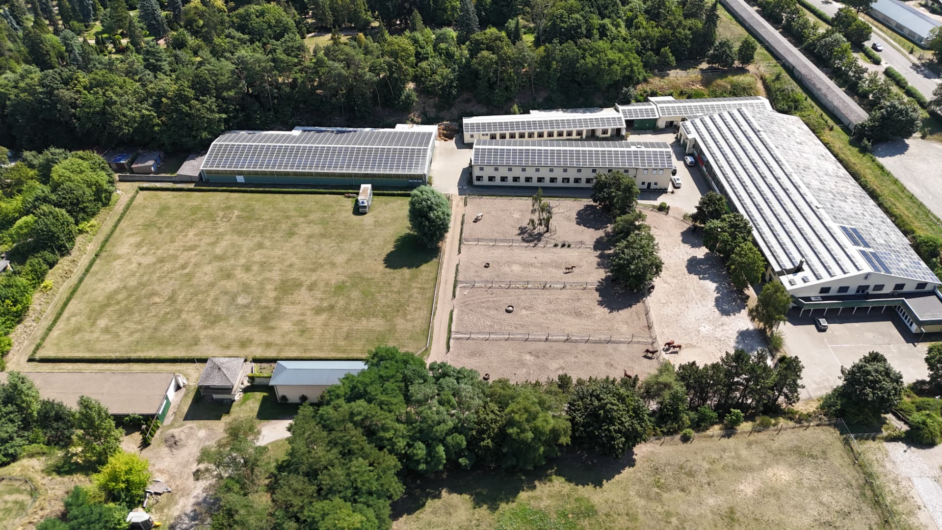 Luftaufnahme der Reithallen und Paddocks