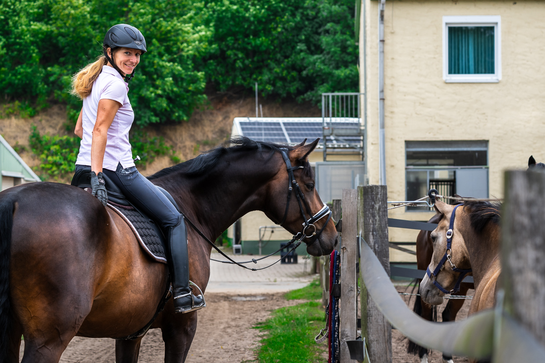 Reiterin auf braunem Pferd vor dem Stallgebäude